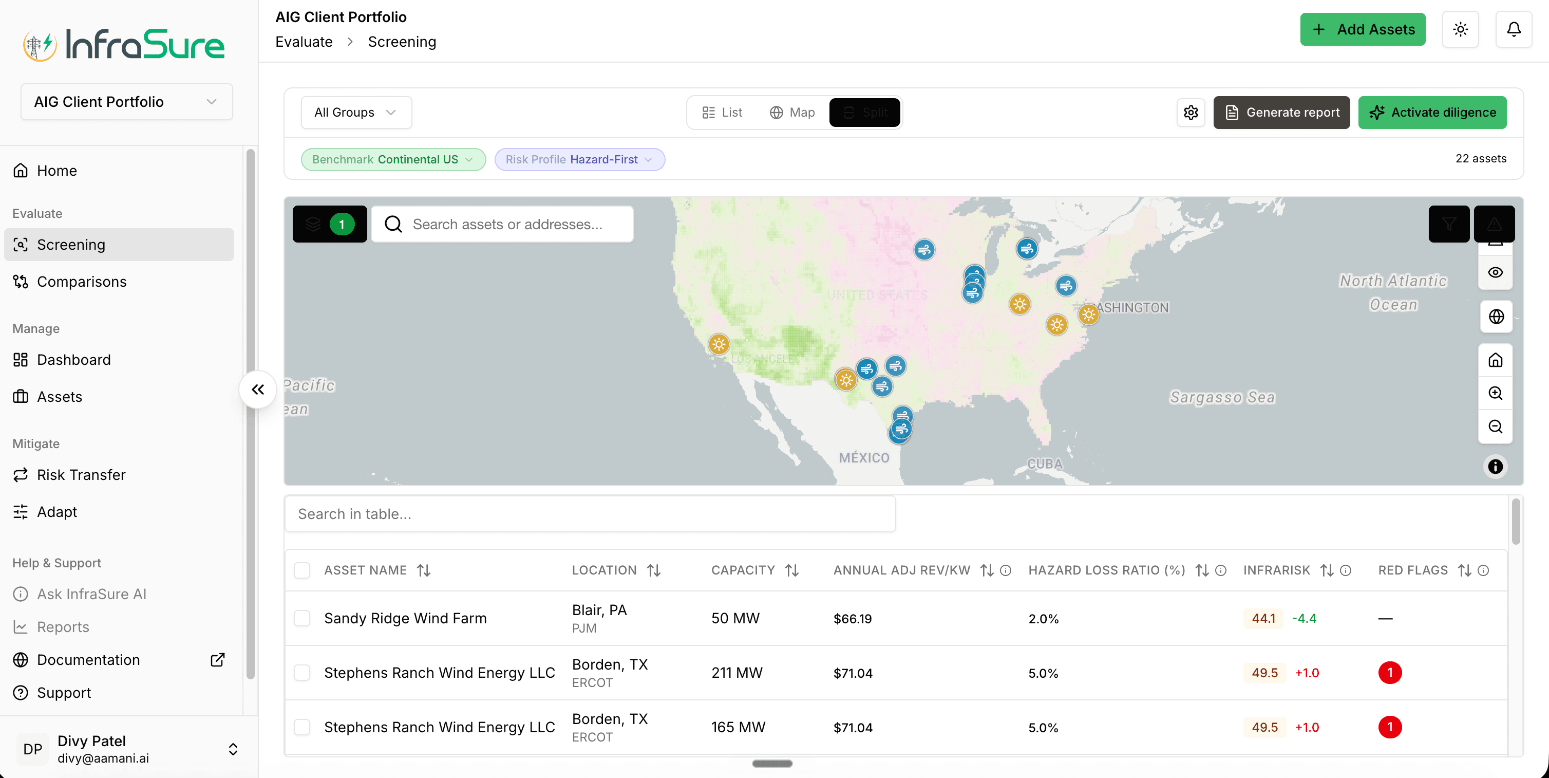 Evaluate / Screening view — split-pane US map with hazard overlay plus a sortable table of 22 portfolio assets showing InfraRisk scores, hazard loss ratio percentages, adjusted revenue per kW, and red flag counts.