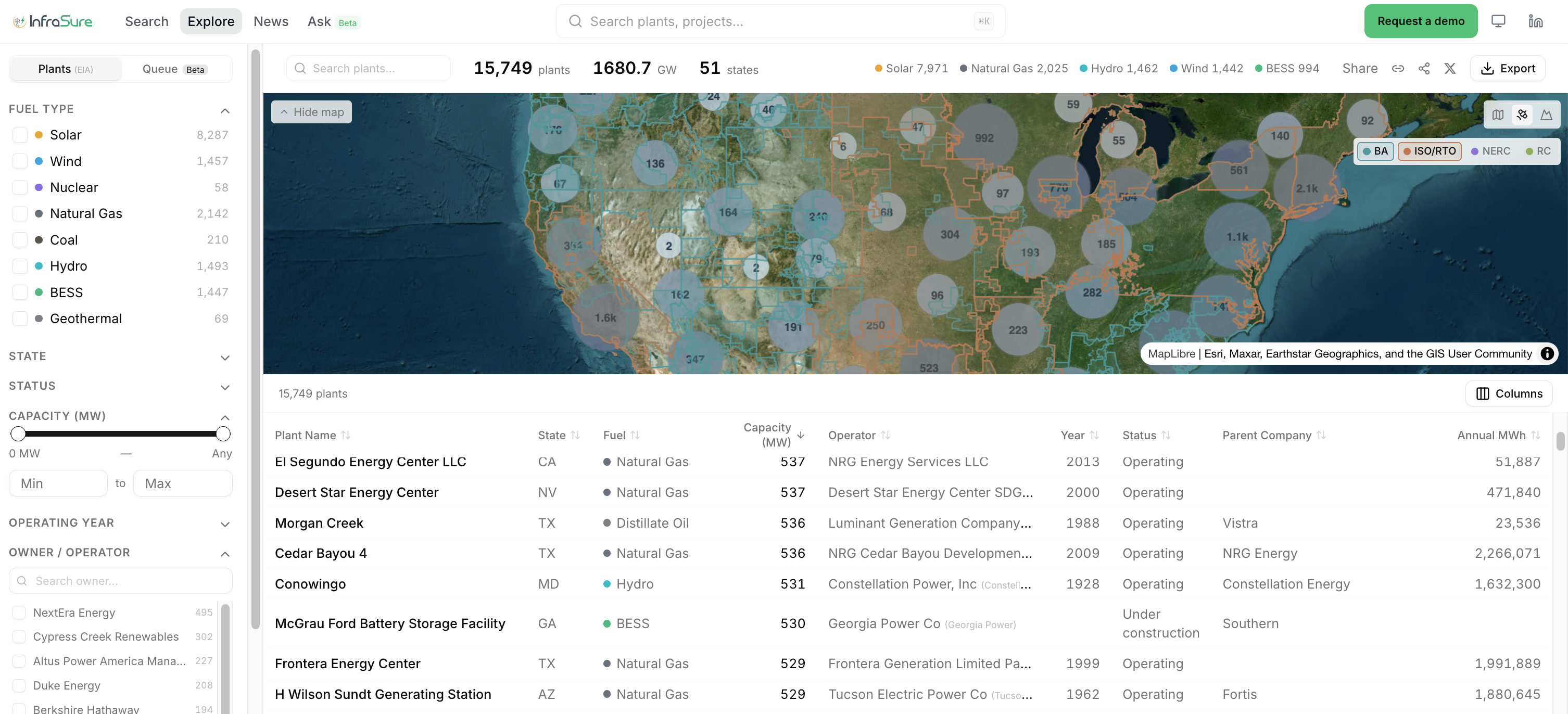 InfraSure Explore — interactive U.S. map with 15,749 utility-scale plants by fuel type, filterable by state, status, and capacity, with a paginated detail table below the map.